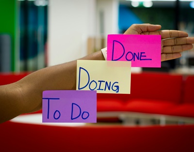 Sticky notes that say "to do," "doing," and "done"